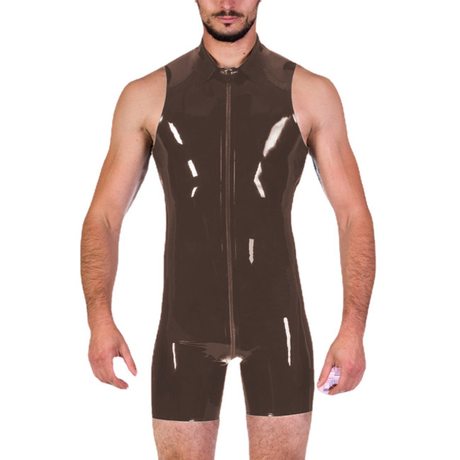 Sleeveless Sexy Turn-down Collar Shiny PVC Leather Mens Catsuit Latex Look Zippers Open Crotch Bodysuit Clubwear Short Jumpsuit