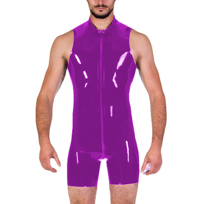 Sleeveless Sexy Turn-down Collar Shiny PVC Leather Mens Catsuit Latex Look Zippers Open Crotch Bodysuit Clubwear Short Jumpsuit