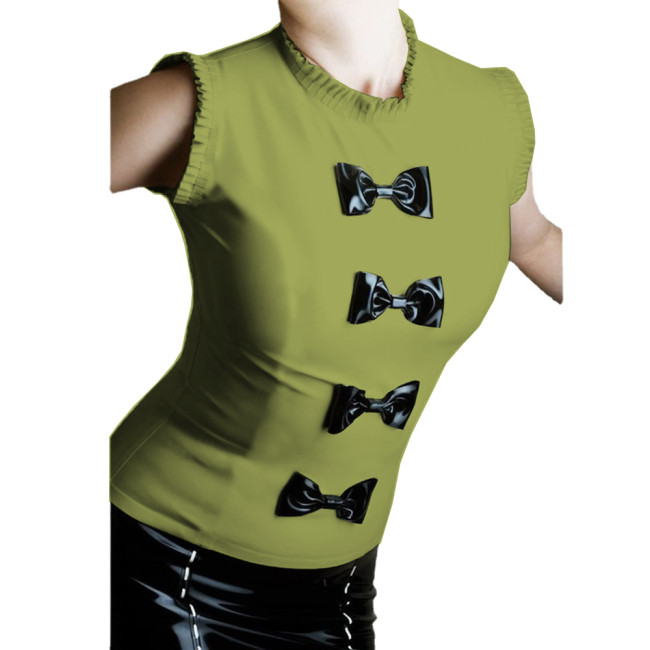Fashion Bow Round Neck Glossy PVC Leather Tank Top with Ruffles Womens Sweet High Street Sleeveless T-Shirts Female Party Wear