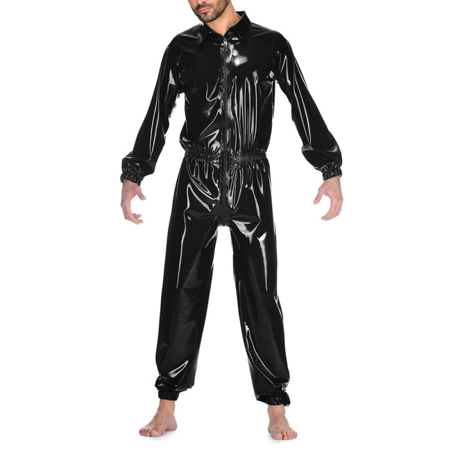Male's Turn-down Neck Long Sleeve Jumpsuit Front Zip To Crotch Sexy Wetlook PVC Leather Bodysuits Fetish Lingerie Party Club 7XL