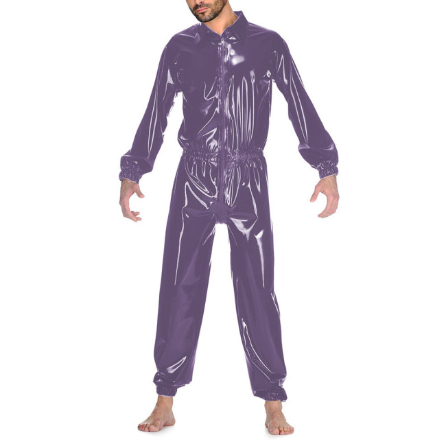 Male's Turn-down Neck Long Sleeve Jumpsuit Front Zip To Crotch Sexy Wetlook PVC Leather Bodysuits Fetish Lingerie Party Club 7XL