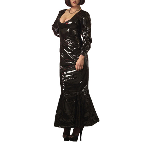 Elegant Lady Long Lantern Sleeve Bodycon Ankle-Length Party Dress Sexy Club V-neck Shiny PVC Leather Tight Long Mermaid Dresses