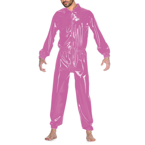 Male's Turn-down Neck Long Sleeve Jumpsuit Front Zip To Crotch Sexy Wetlook PVC Leather Bodysuits Fetish Lingerie Party Club 7XL