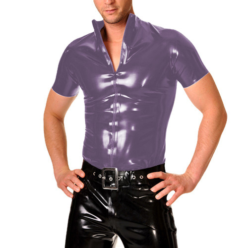 Fashion Zipper Stand Collar Slim T-Shirts Glossy PVC Leather Short Sleeve Mens Tops Mens Male Nighclub Party Jackets Clubwear