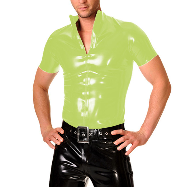 Fashion Zipper Stand Collar Slim T-Shirts Glossy PVC Leather Short Sleeve Mens Tops Mens Male Nighclub Party Jackets Clubwear