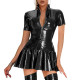 Women Short Sleeve Wet Look PVC Leather Sheath Mini Dress Front Zipper Bodycon Ruffles Dress Sexy Night Party Clubwear Street