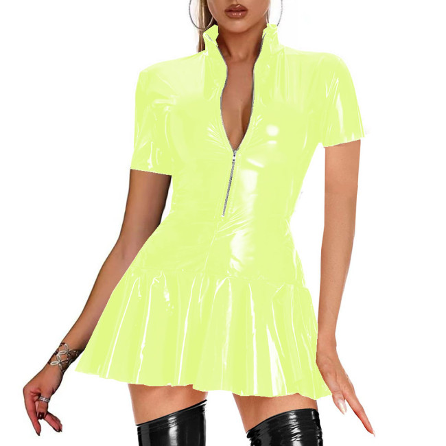 Women Short Sleeve Wet Look PVC Leather Sheath Mini Dress Front Zipper Bodycon Ruffles Dress Sexy Night Party Clubwear Street