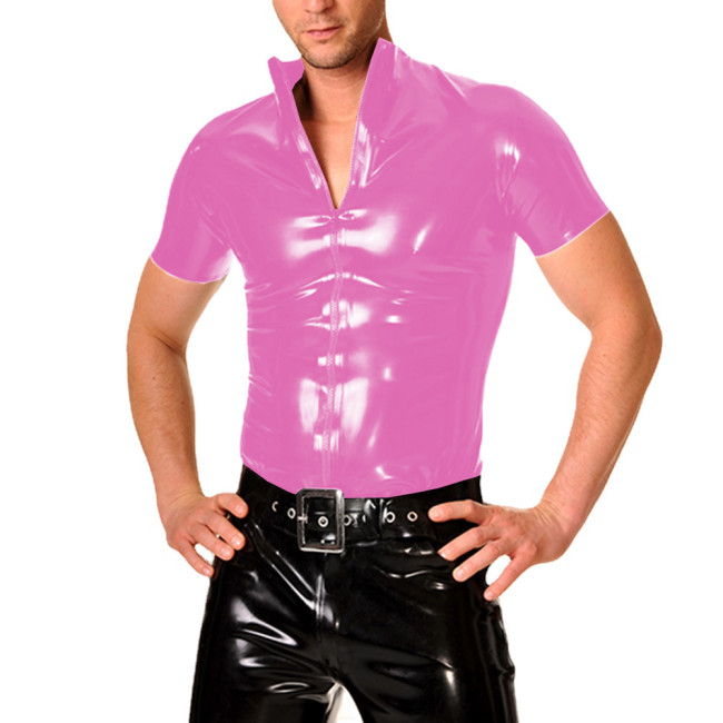 Fashion Zipper Stand Collar Slim T-Shirts Glossy PVC Leather Short Sleeve Mens Tops Mens Male Nighclub Party Jackets Clubwear