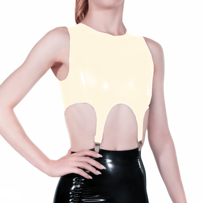 Crop Top with Garter T-Shirts Women Round Neck Wetlook PVC Leather Skinny Clothes Tees Shirt Clothing Hip Hop Hot Girls Clubwear