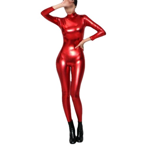 Shiny Metallic Faux Leather Women Elegant Sexy Bodycon Jumpsuits Long Sleeve Sheath Casuits Party High Street Clubwear Outfits
