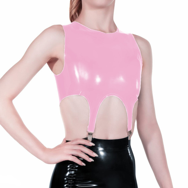 Crop Top with Garter T-Shirts Women Round Neck Wetlook PVC Leather Skinny Clothes Tees Shirt Clothing Hip Hop Hot Girls Clubwear