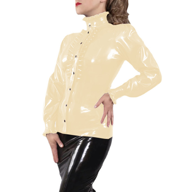 Ruffles Womens Turtleneck PVC Shiny Shirts Wetlook Botton-Up Long Sleeve Female Blouse Party Club Glossy Faux Leather Slim Tops