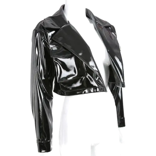 Lapel Collar Pocket Short Jackets Fashion Vinyl PVC Leather Club Party Lady Wet Look Long Sleeve Crop Coat Womens Streetwear