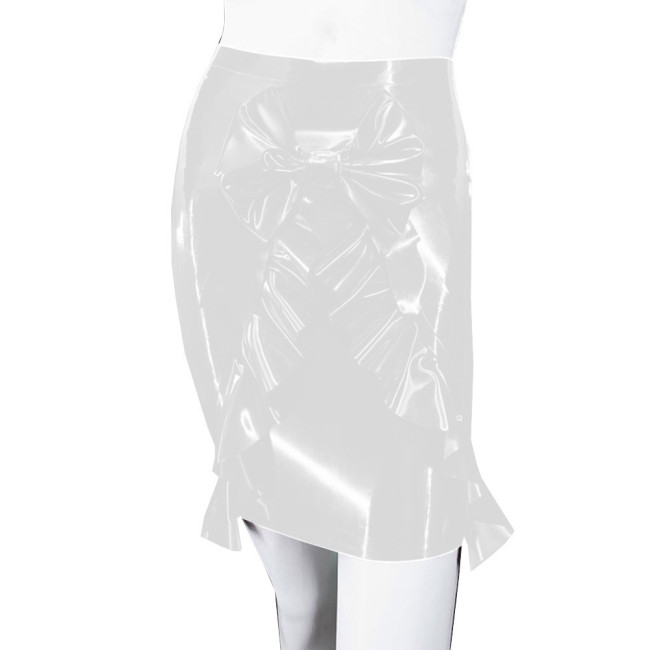 Shiny PVC Bodycon Bow Ruffles Mini Skirts Wet Faux Leather Hip Wrapped Skirts High Waist Solid Color Slim Pencil Skirts Clubwear