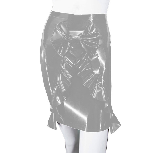 Shiny PVC Bodycon Bow Ruffles Mini Skirts Wet Faux Leather Hip Wrapped Skirts High Waist Solid Color Slim Pencil Skirts Clubwear