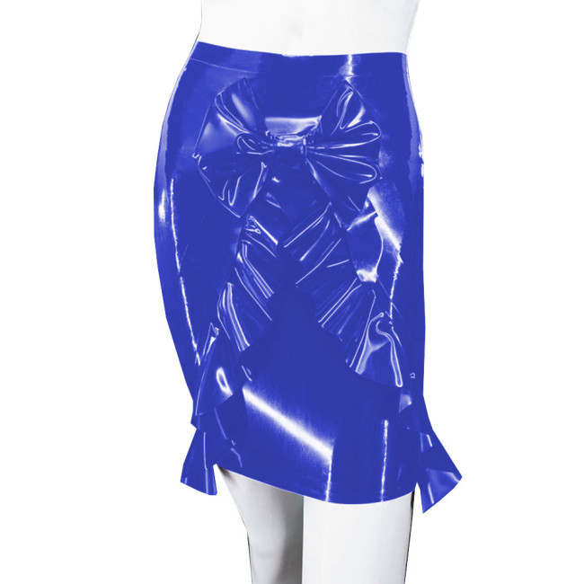 Shiny PVC Bodycon Bow Ruffles Mini Skirts Wet Faux Leather Hip Wrapped Skirts High Waist Solid Color Slim Pencil Skirts Clubwear
