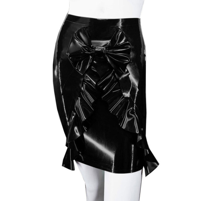 Shiny PVC Bodycon Bow Ruffles Mini Skirts Wet Faux Leather Hip Wrapped Skirts High Waist Solid Color Slim Pencil Skirts Clubwear