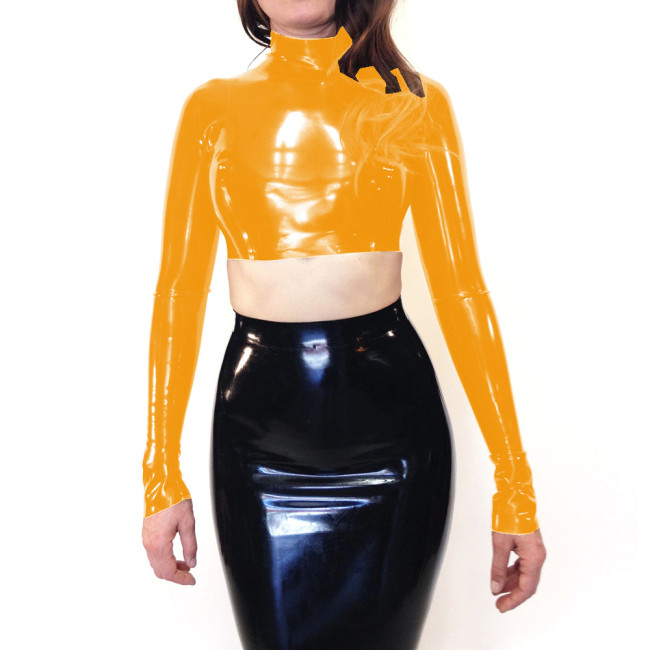 Wet Look PVC Leather Women's Clothing Gothic Sexy High Neck Long Sleeve Tops Corset Short T-Shirt Party Club Vintage Rave