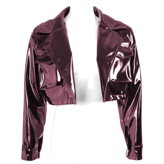 Lapel Collar Pocket Short Jackets Fashion Vinyl PVC Leather Club Party Lady Wet Look Long Sleeve Crop Coat Womens Streetwear