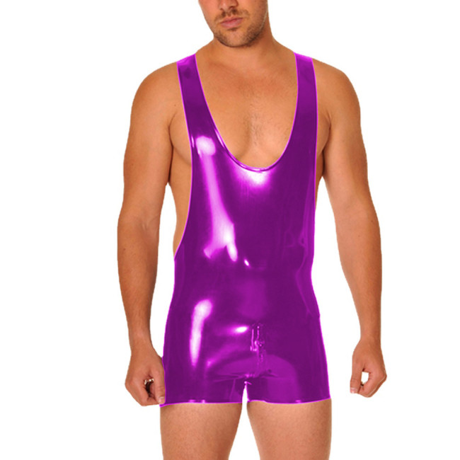 Mens Bodysuit Shiny PVC Leather Sleeveless Racerback Short Jumpsuit Exotic Party Club Rompers Wetlook Male Fetish Clothing 7XL