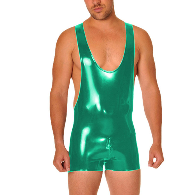 Mens Bodysuit Shiny PVC Leather Sleeveless Racerback Short Jumpsuit Exotic Party Club Rompers Wetlook Male Fetish Clothing 7XL