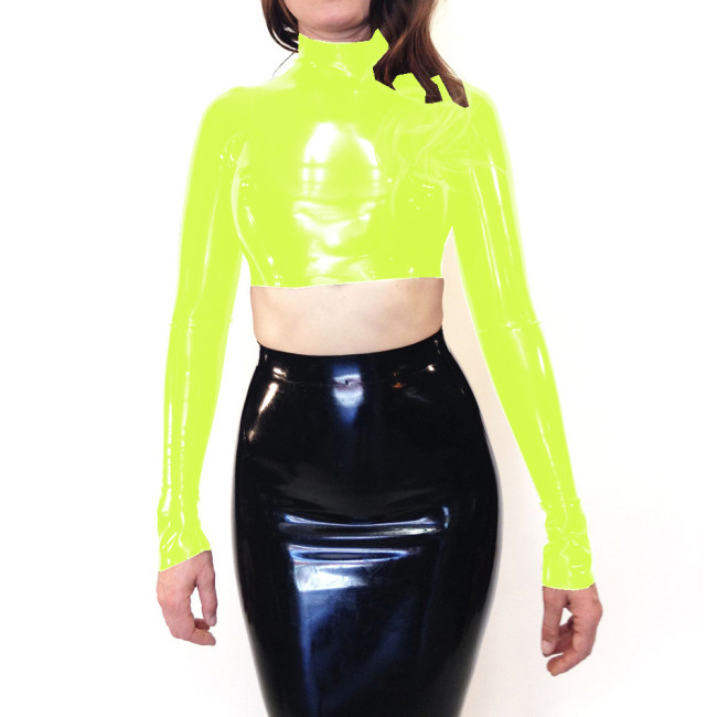 Wet Look PVC Leather Women's Clothing Gothic Sexy High Neck Long Sleeve Tops Corset Short T-Shirt Party Club Vintage Rave