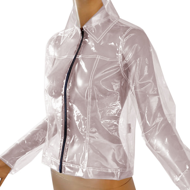 Fetish Plastic Long Sleeve Jacket Gothic Punk Turn-down Collar Clear PVC Short Coat Exotic See-Through Transparent Tops Clubwear