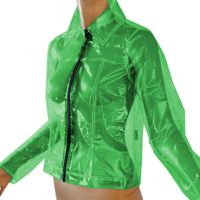 Fetish Plastic Long Sleeve Jacket Gothic Punk Turn-down Collar Clear PVC Short Coat Exotic See-Through Transparent Tops Clubwear