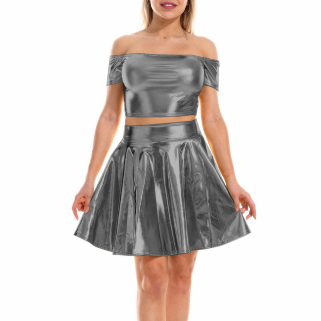 Womens Metallic Shiny One Shoulder Dress Sets Laser Rave Outfits Sexy Off Shoulder Crop Top with High Waist Mini Ruffle Skirt