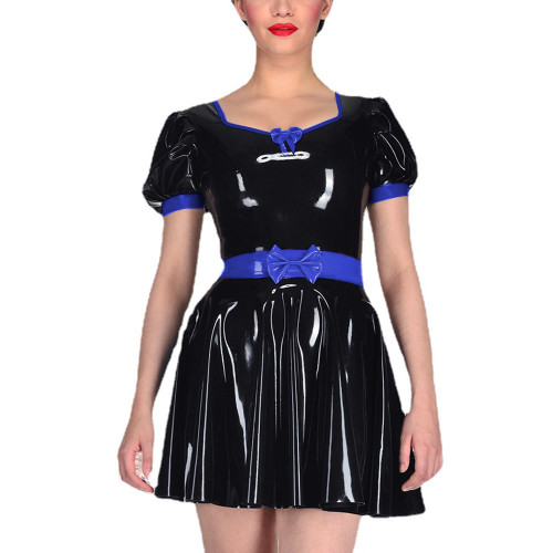 Women Sweet Sweetheart Neck Faux PVC Leather Short Sleeve Dress Sexy Bow Patchwork A-line Mini Dresses Wetlook Party Vestidos