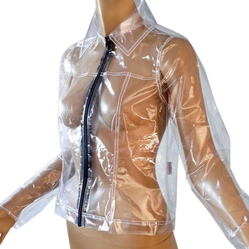 Fetish Plastic Long Sleeve Jacket Gothic Punk Turn-down Collar Clear PVC Short Coat Exotic See-Through Transparent Tops Clubwear