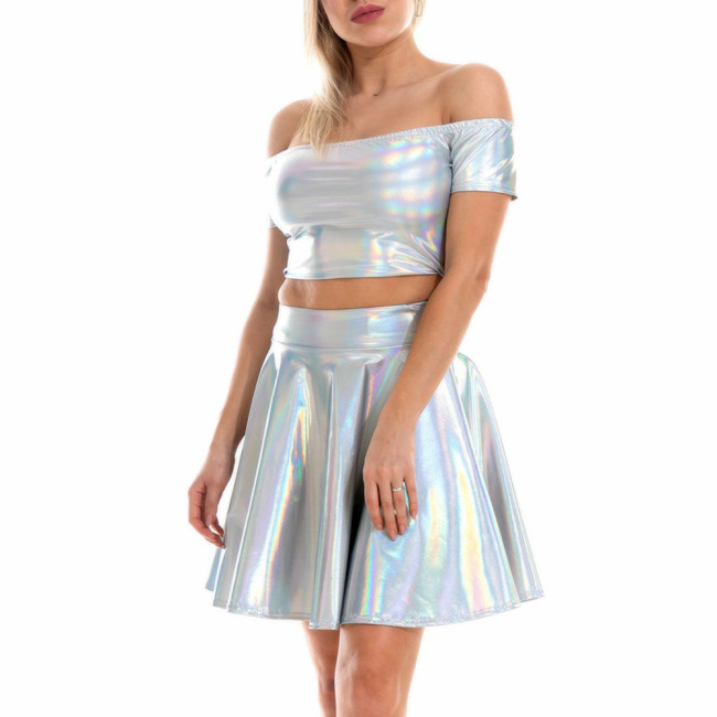 Womens Metallic Shiny One Shoulder Dress Sets Laser Rave Outfits Sexy Off Shoulder Crop Top with High Waist Mini Ruffle Skirt