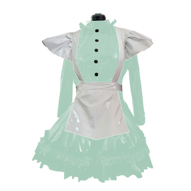 Sissy Halloween Party Maid Uniforms Vinyl PVC Leather Long Sleeve A-line Ruffles Maid Dress French Apron Fancy Cosplay Outfits