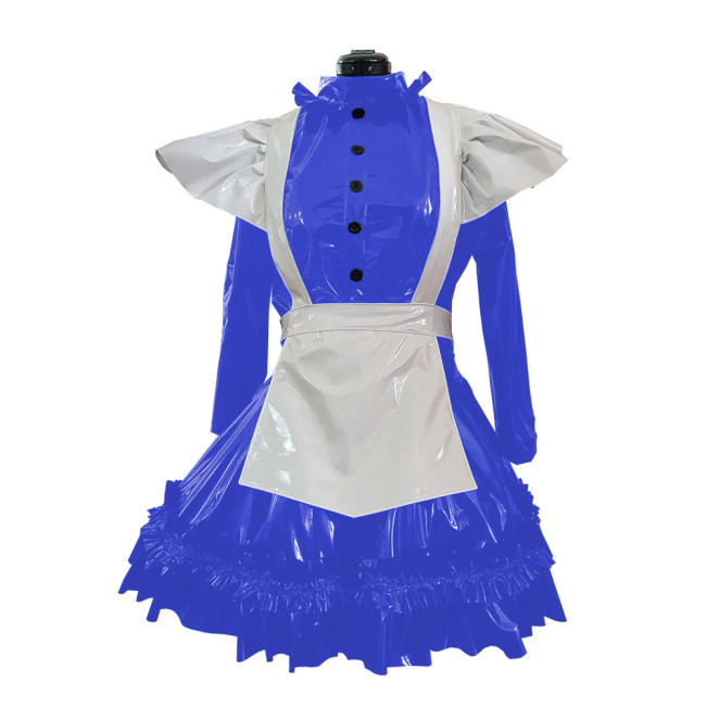 Sissy Halloween Party Maid Uniforms Vinyl PVC Leather Long Sleeve A-line Ruffles Maid Dress French Apron Fancy Cosplay Outfits