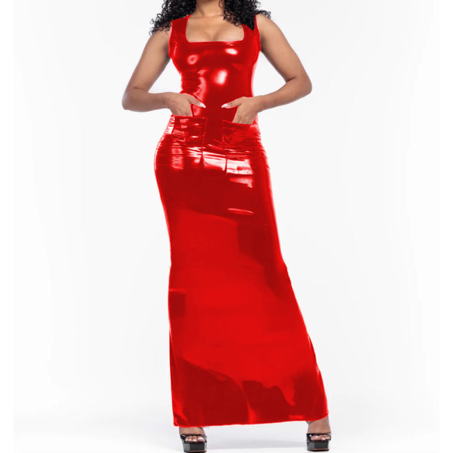 Women Glossy PVC Leather Tank Square Neck Sheath Maxi Dress With Pockets Long Dress Party Club High Street Bodycon Vestidos