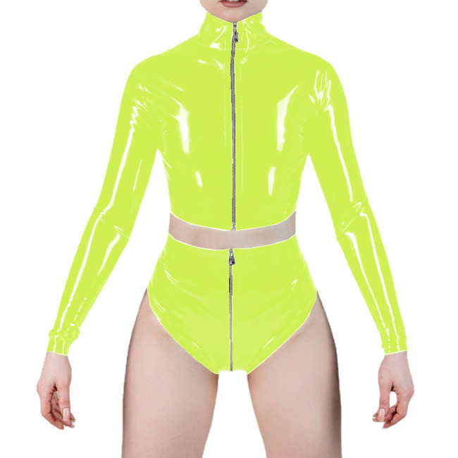 Women Sexy Shorts Matching Sets Long Sleeve Front Zipper Crop Tops and Brief with Zip-up Crotch Underwear Party Club High Street