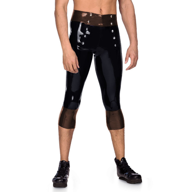 Novelty Black Patchwork Wetlook PVC Leather Men's Sexy High Waist Skinny Pants Trouser Two Way Buttons Party Casual Exotic Pants