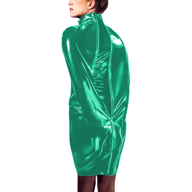 Female Zipper High Neck Bodycon Knee Length Bondage Dress Sissy Exotic PVC Shiny Hobble Dress Sexy Wetlook Vestidos Clubwear