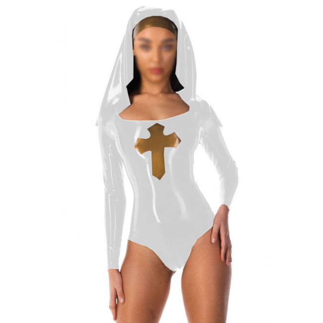 Exotic Nun Cosplay Scoop Neck Glossy Long Sleeve PVC Leather Bodysuit with Headgear Wetlook Sissy Fancy Nun Uniforms Halloween