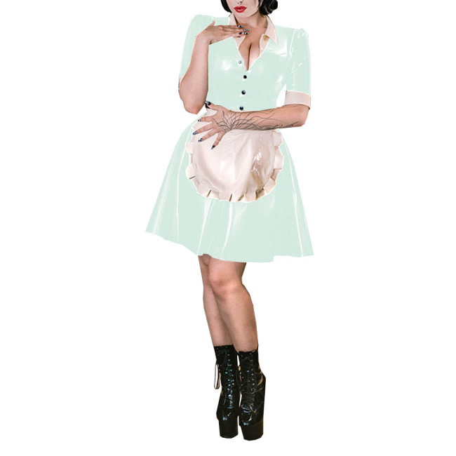 Party Latex Look A-line Cosplay Maid Dress Shiny PVC Leather Turn-Down Collar Button Maid Uniform with Apron Fetish Outfits 7XL
