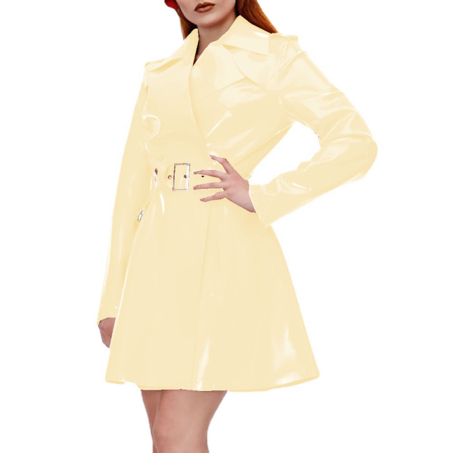 Elegant Women Shiny PVC Leather Belted Trench Casual Long Sleeve Turn-down Collar Coats Large Size Latex Look Jackets Outerwear
