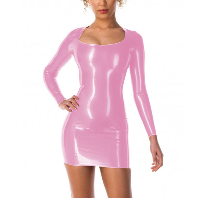 Vinyl PVC Leather Long Sleeve Bodycon Mini Dress for Womens Party Candy Color Scoop Neck Sheath Pencil Dress Fetish Wetlook