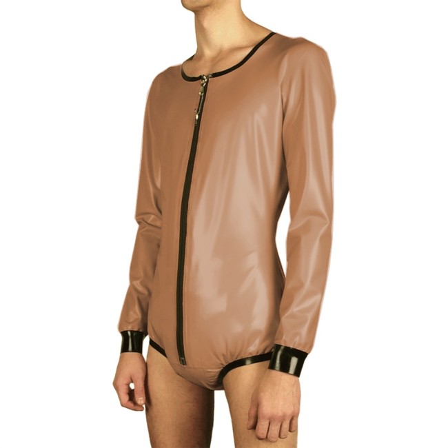 Fetish PVC Leather Sexy Lockable Zipper Mens Bodysuit Sissy Exotic Latex Look O-Neck Long Sleeve Bodysuit Male Party Club Zentai
