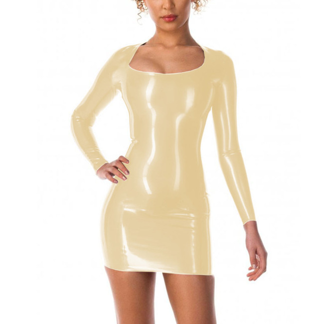 Vinyl PVC Leather Long Sleeve Bodycon Mini Dress for Womens Party Candy Color Scoop Neck Sheath Pencil Dress Fetish Wetlook