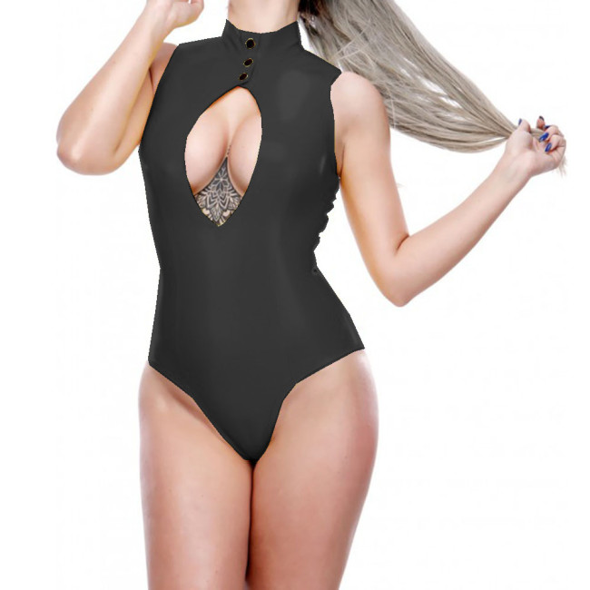 Sexy Hollow Out Sleeveless Mini Jumpsuit with Button Fetish Shiny PVC Tight Bodysuit Nightclub Party Exotic Latex Look Rompers