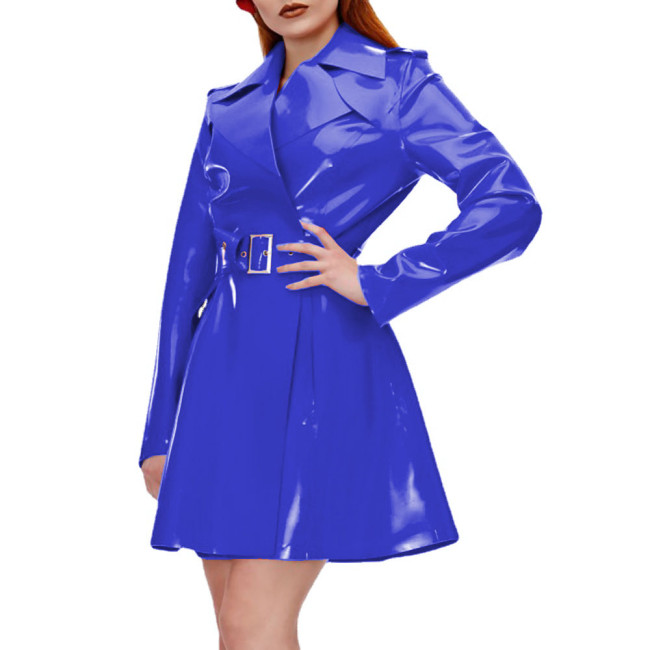 Elegant Women Shiny PVC Leather Belted Trench Casual Long Sleeve Turn-down Collar Coats Large Size Latex Look Jackets Outerwear