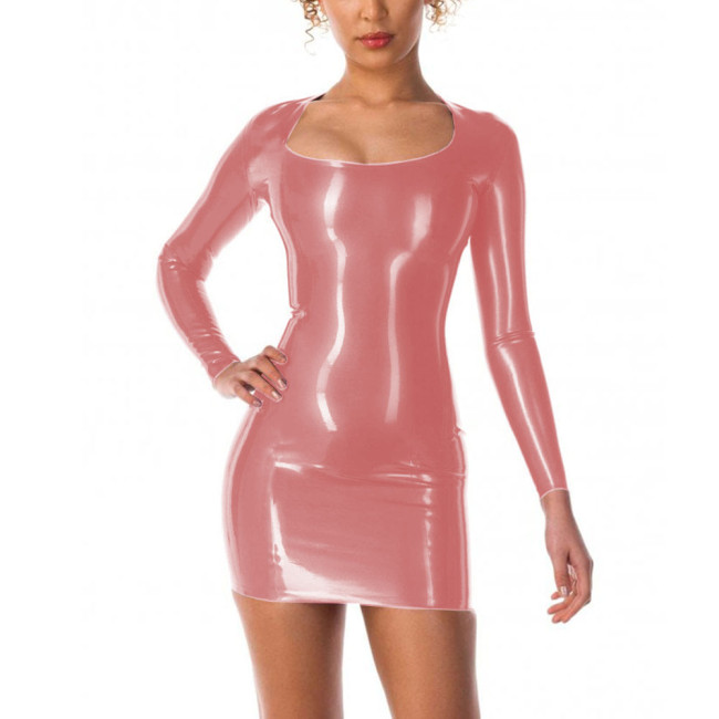 Vinyl PVC Leather Long Sleeve Bodycon Mini Dress for Womens Party Candy Color Scoop Neck Sheath Pencil Dress Fetish Wetlook