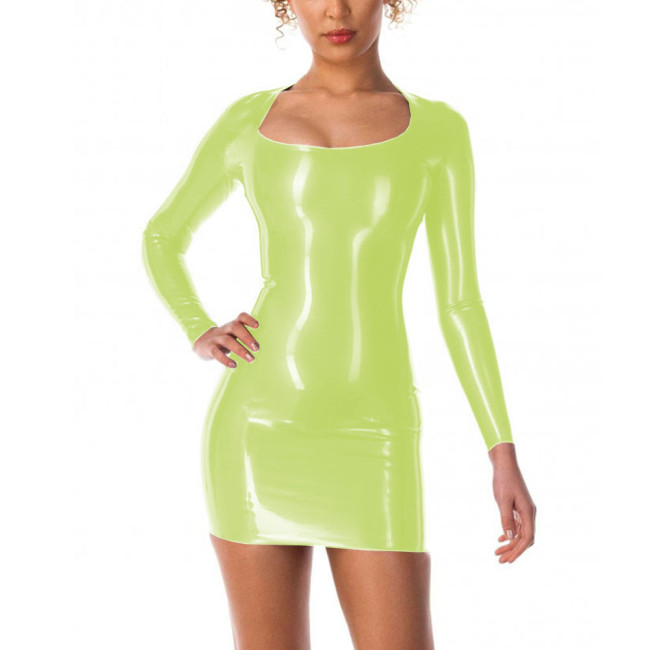 Vinyl PVC Leather Long Sleeve Bodycon Mini Dress for Womens Party Candy Color Scoop Neck Sheath Pencil Dress Fetish Wetlook