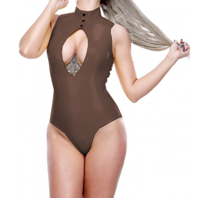 Sexy Hollow Out Sleeveless Mini Jumpsuit with Button Fetish Shiny PVC Tight Bodysuit Nightclub Party Exotic Latex Look Rompers