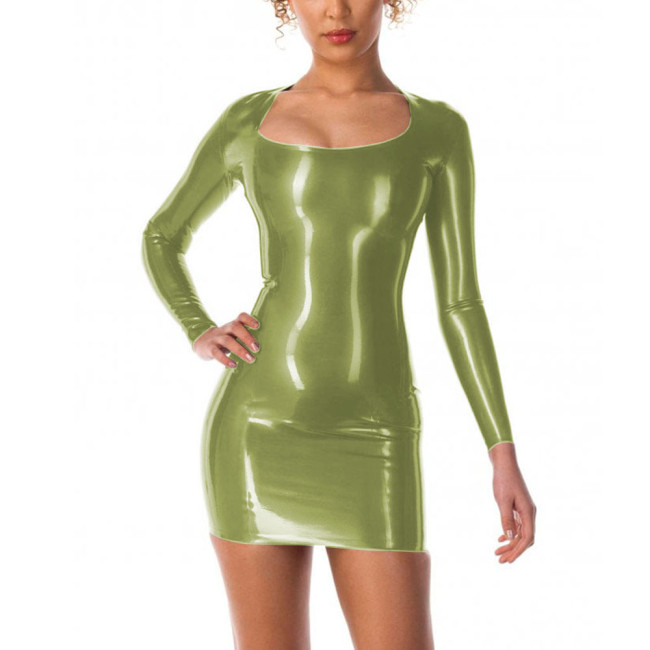 Vinyl PVC Leather Long Sleeve Bodycon Mini Dress for Womens Party Candy Color Scoop Neck Sheath Pencil Dress Fetish Wetlook